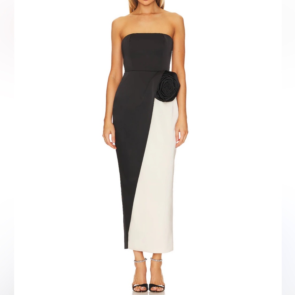 Ronny Kobo Black White Rose Pradova Dress Size Small Formal Strapless Satin